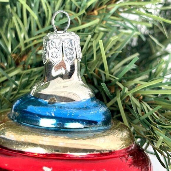 Vintage Poland Mercury Glass Christmas Ornament Spinning Top Blue Red Gold - Picture 3 of 7